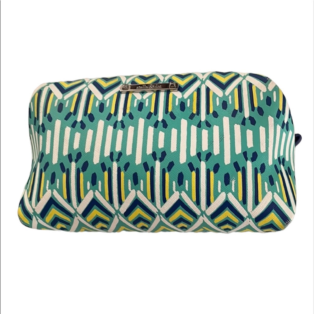 Stella & Dot Pouf Travel Make Up Cosmetic Bag Pouch Blue Yellow White Clutch Bag
